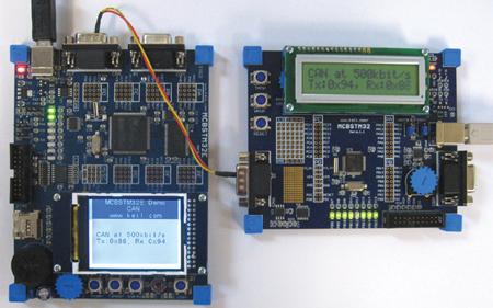 Figure 9: A two node CAN network using Keil MCBSTM32 and the MCBSTM32E evaluation boards.
